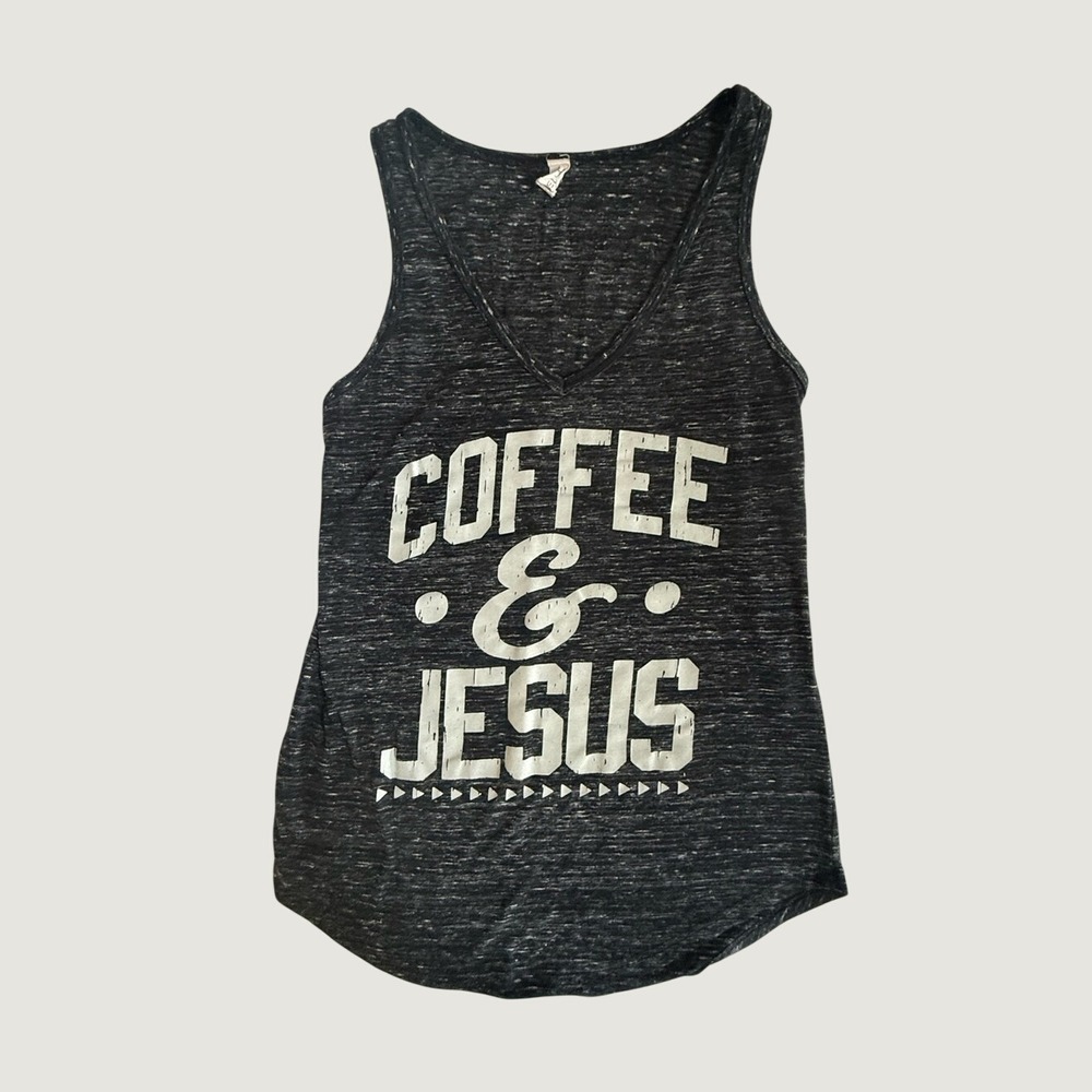 Distressed "Coffee & Jesus" V-Neck Tank Top - Charcoal Gray Heather (Size Small)